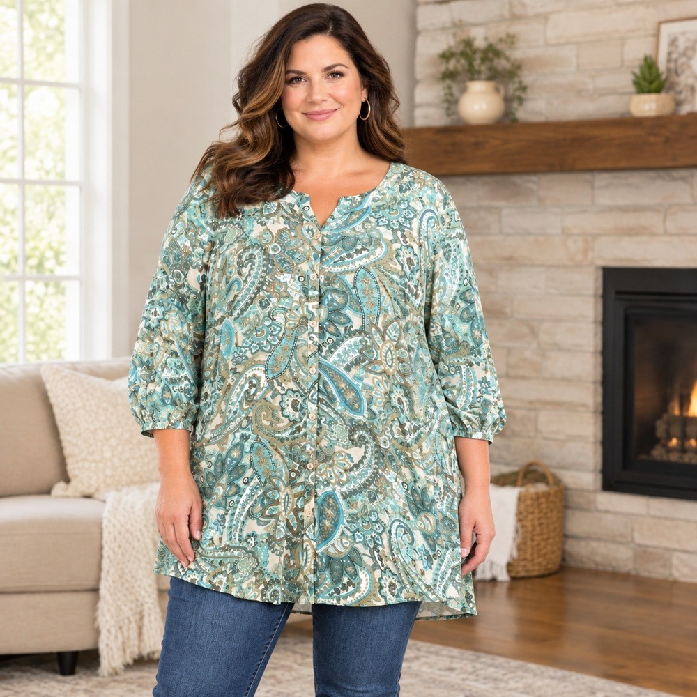 Catherines Button Down Tunic Womens 3X Blue Paisley Roll Tab Sleeve Boho Peasant